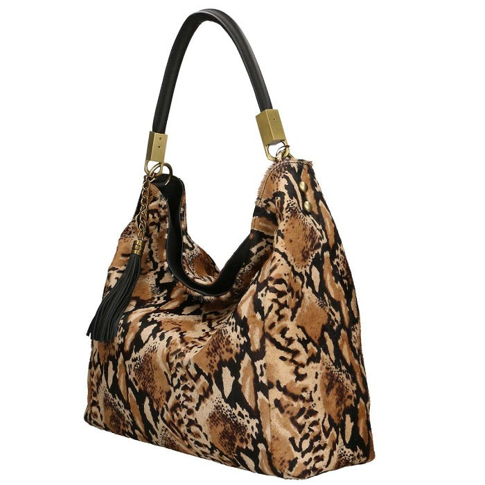 Warm Browns Python Print Calf Hair Leather Tassel Grab Bag
