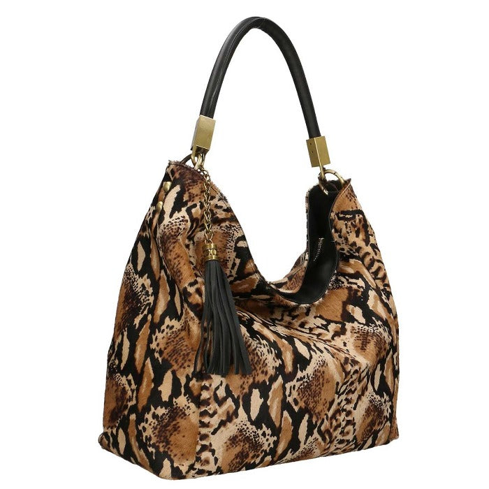 Warm Browns Python Print Calf Hair Leather Tassel Grab Bag