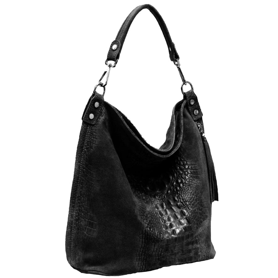 Black Croc Suede Leather Hobo Shoulder Bag | Bxyre - Brix + Bailey
