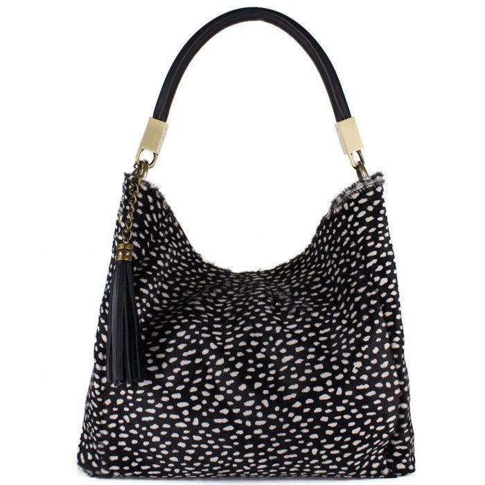 Black Spot Calf Hair Leather Tassel Grab Bag - Brix + Bailey