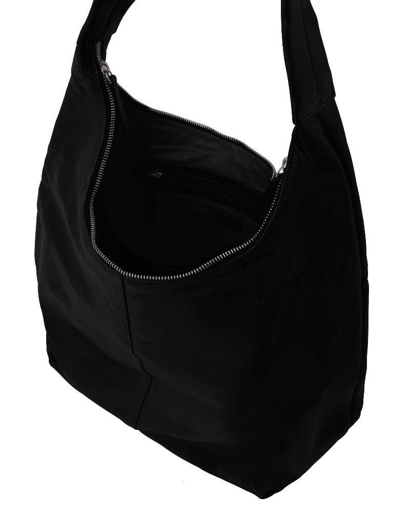 Black Zip Top Leather Hobo Shoulder Bag - Brix + Bailey