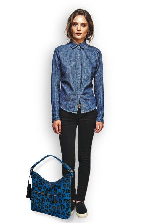 Blue Leopard Print Calf Hair Leather Top Handle Grab Bag - Brix + Bailey