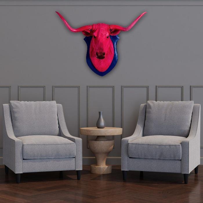 Bright Pink & Blue Bullock Steer Head Wall Decoration - Brix + Bailey