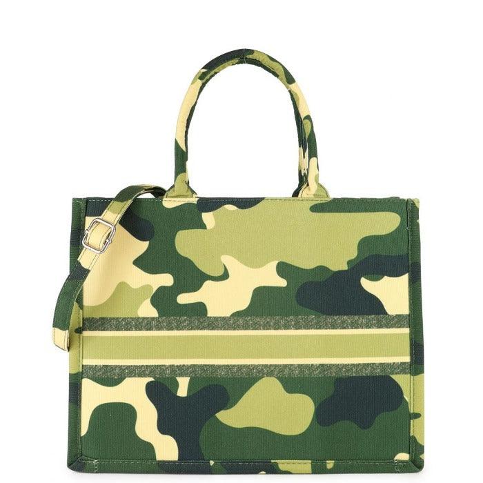 Camouflage Print Canvas Tote Book Shopper - Monochrome Structured Bag with Zip Top & Cross-Body Strap by Vodkablue at brixbailey.com