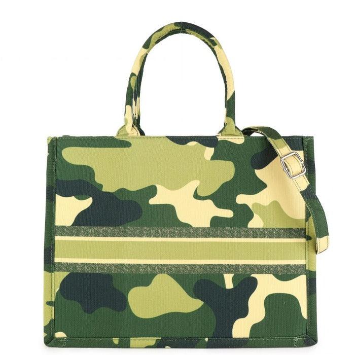 Camouflage Print Canvas Tote Book Shopper - Monochrome Structured Bag with Zip Top & Cross-Body Strap by Vodkablue at brixbailey.com