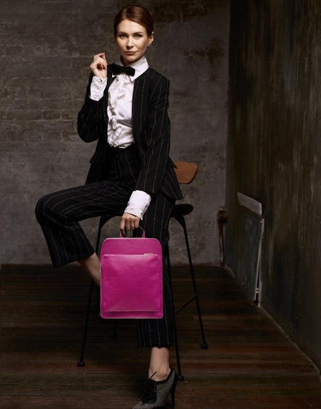 Fuchsia Soft Pebbled Leather Pocket Backpack - Brix + Bailey