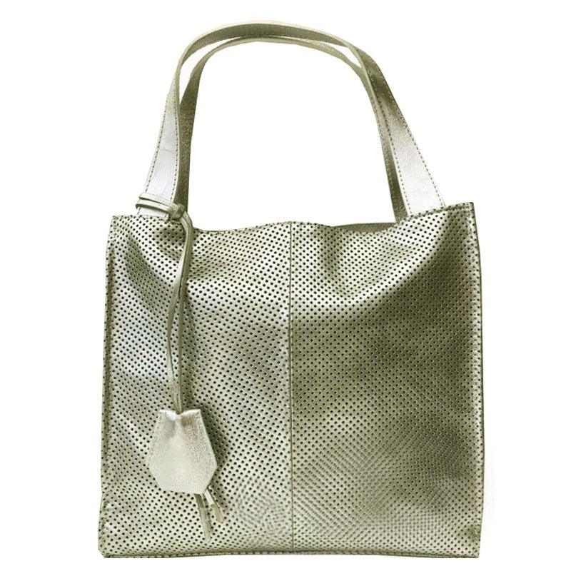 Gold Perforated Pebbled Leather Top Handle Tote - Brix + Bailey