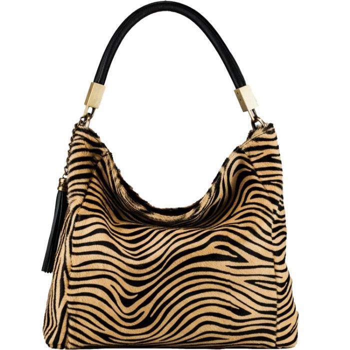 Gold Zebra Print Calf Hair Leather Tassel Grab Bag - Brix + Bailey