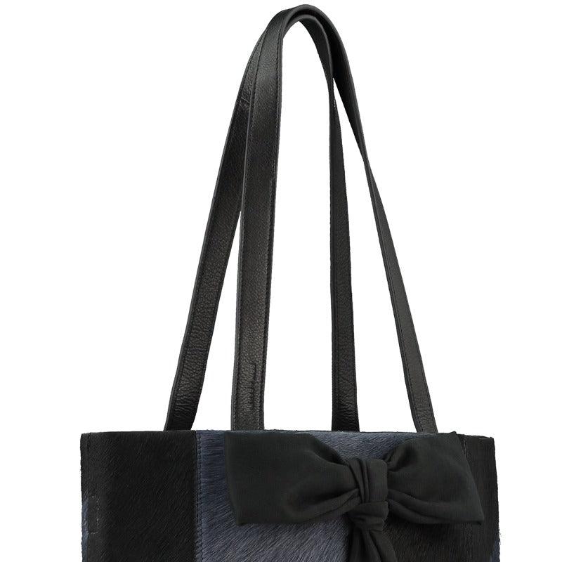 Navy Blue Women's Bow Cowhide Leather Tote Bag - Brix + Bailey