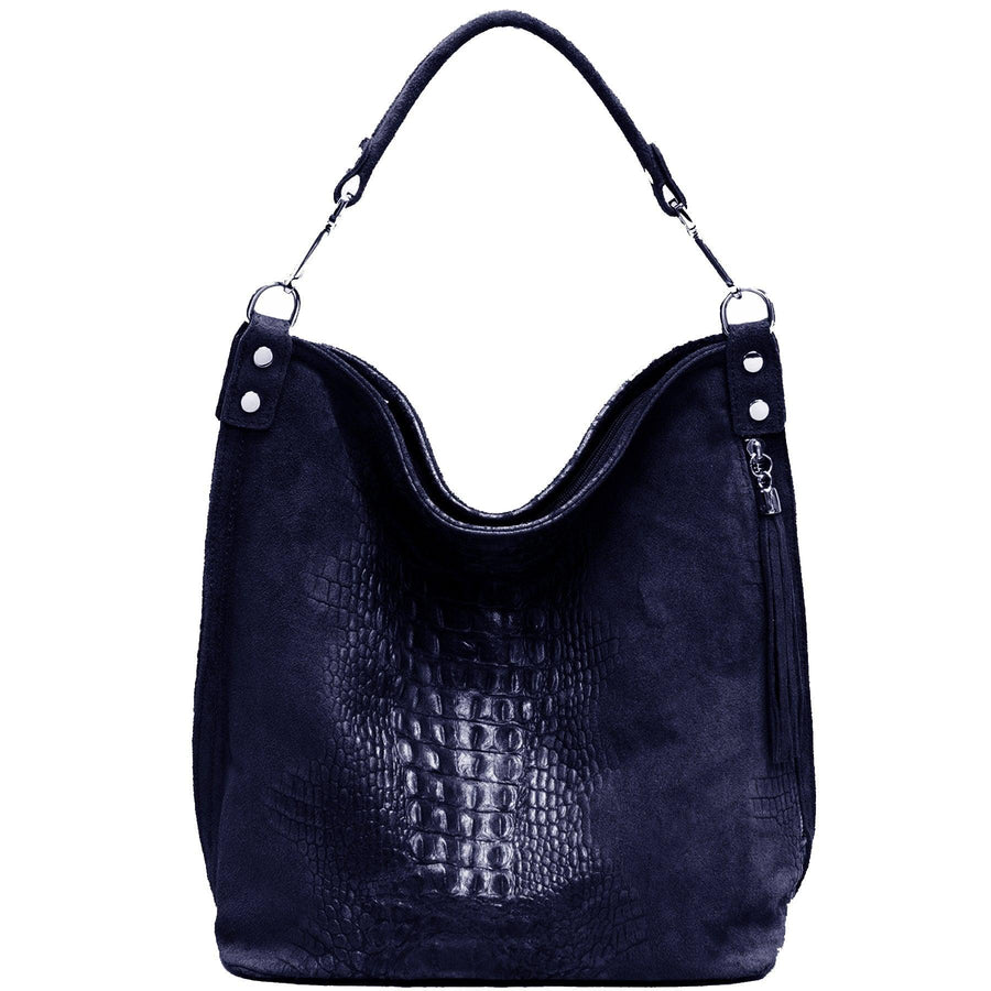 Navy Croc Suede Leather Hobo Shoulder Bag - Brix + Bailey