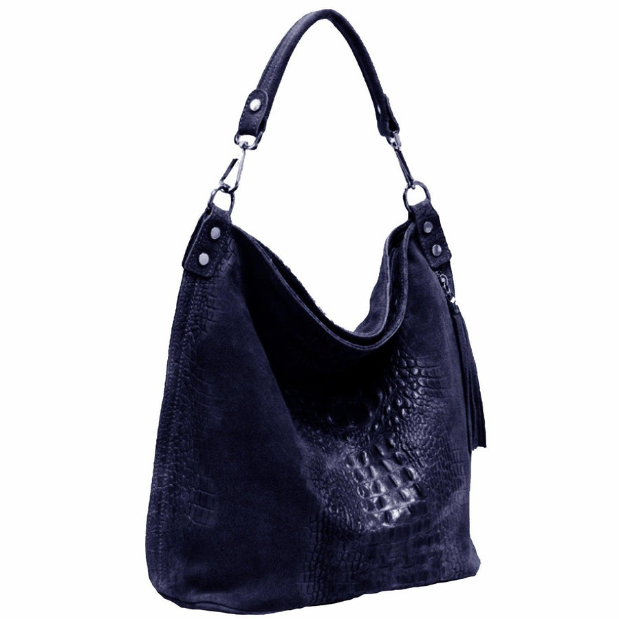 Navy Croc Suede Leather Hobo Shoulder Bag - Brix + Bailey