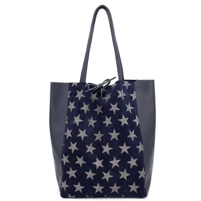 Navy Star Print Suede Leather Tote - Brix + Bailey
