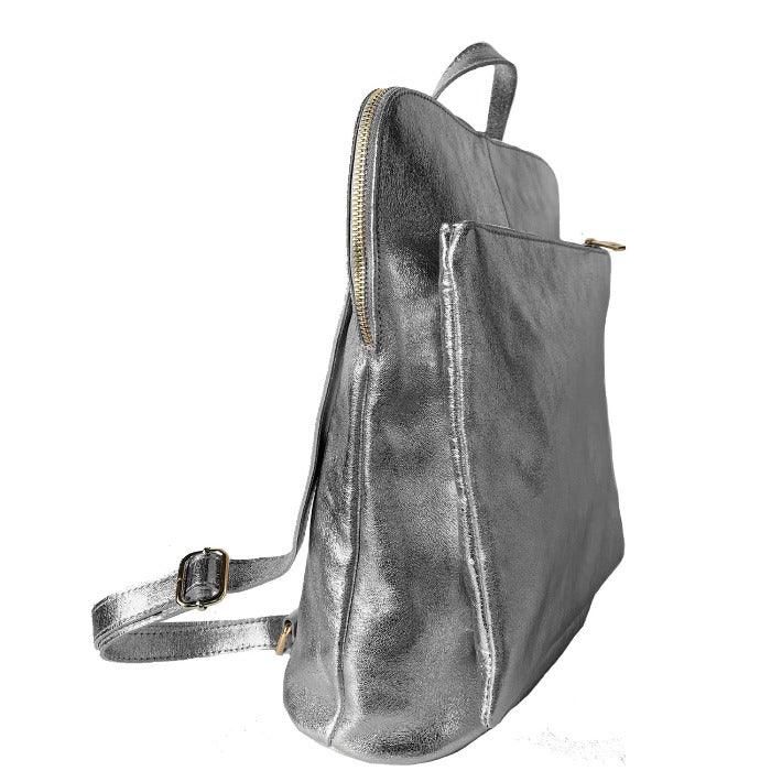 Pewter Convertible Metallic Leather Pocket Backpack - Brix + Bailey