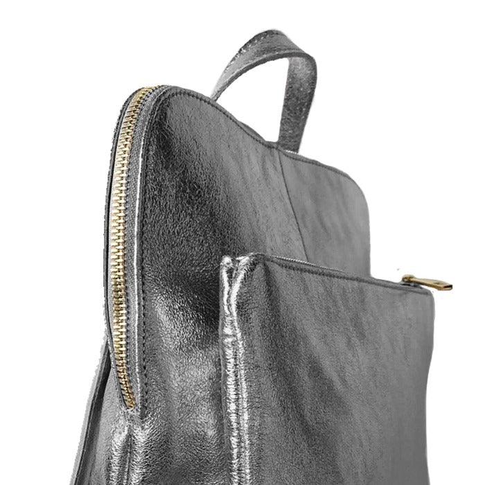 Pewter Convertible Metallic Leather Pocket Backpack - Brix + Bailey