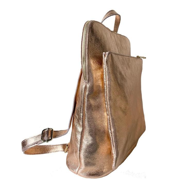 Rose Gold Convertible Metallic Leather Pocket Backpack - Brix + Bailey