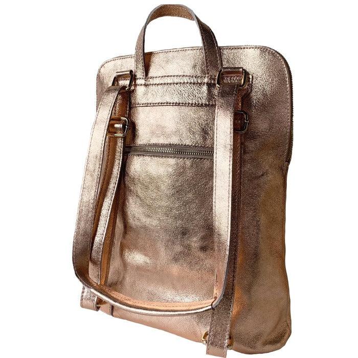 Rose Gold Convertible Metallic Leather Pocket Backpack - Brix + Bailey