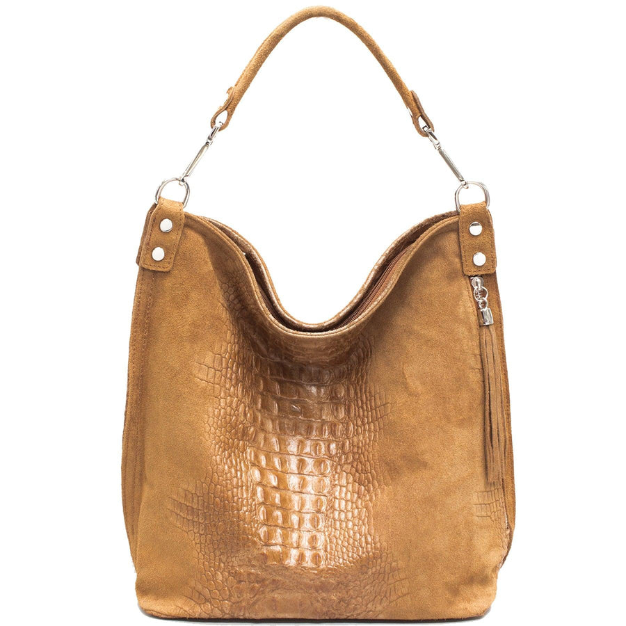 Tan Croc Suede Leather Hobo Shoulder Bag - Brix + Bailey