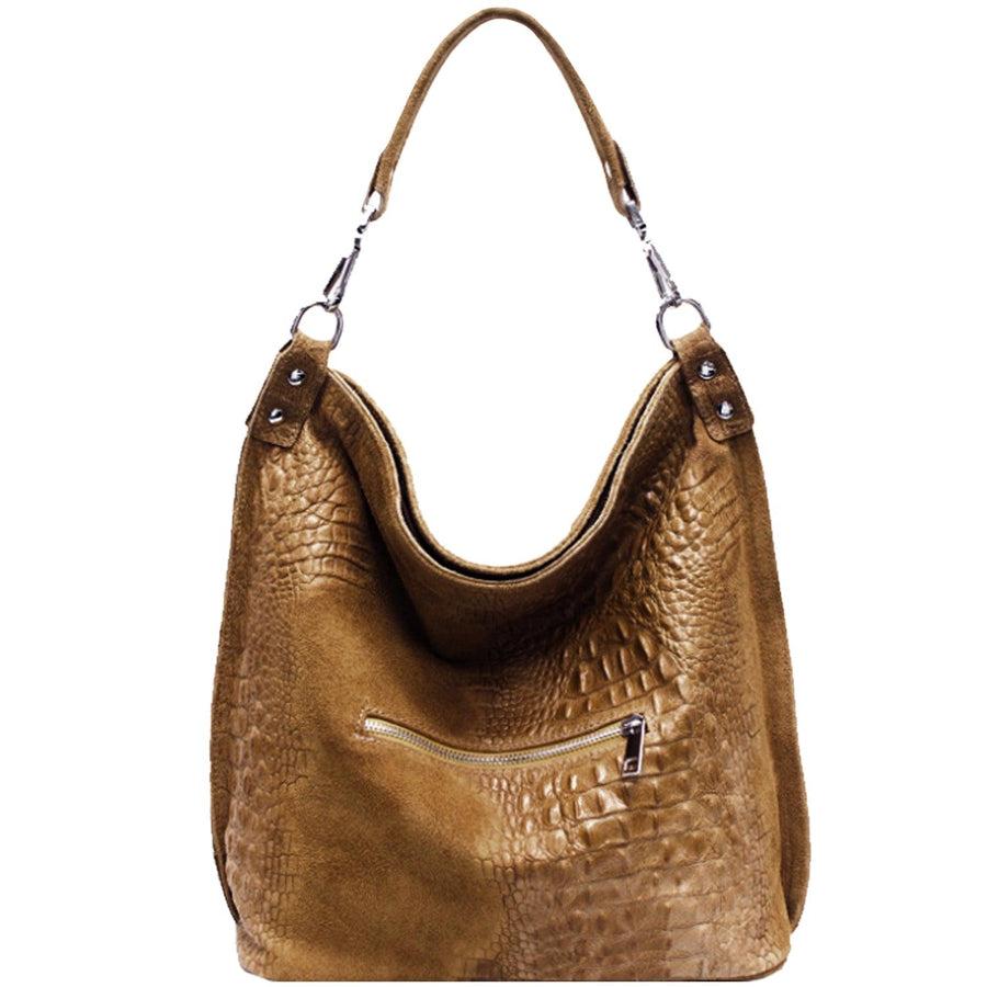 Tan Croc Suede Leather Hobo Shoulder Bag - Brix + Bailey