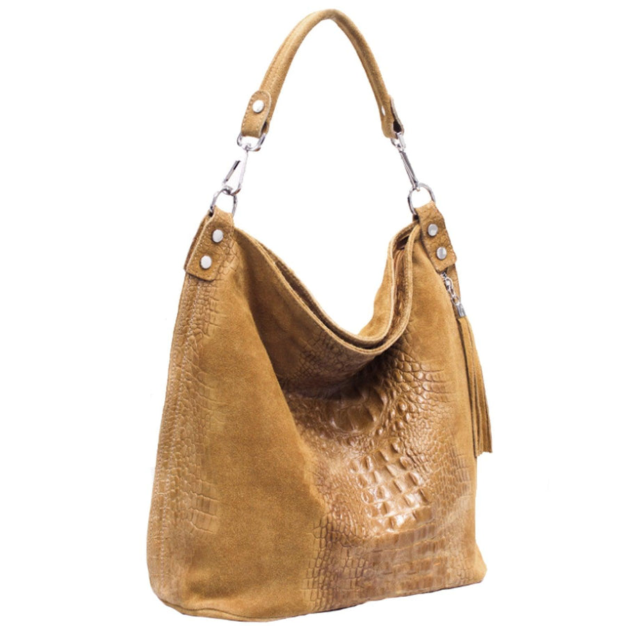 Tan Croc Suede Leather Hobo Shoulder Bag - Brix + Bailey