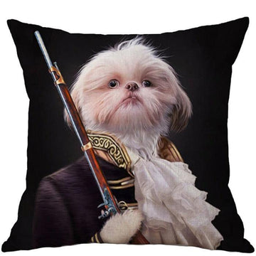 White Dog With Rifle Oil Painting Cushion Pillow - Brix + Bailey